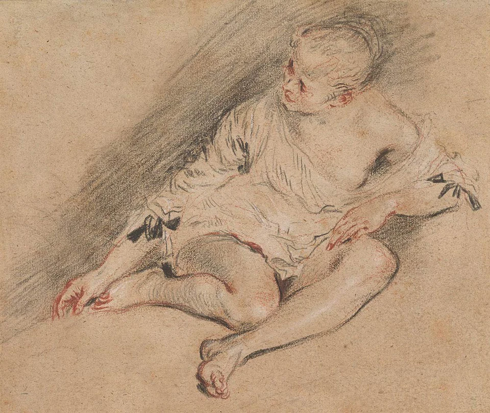 Antoine Watteau, Young Woman Wearing a Chemise, ca. 1718, black, red and white chalk, 6 3/4 x 8 inches (Thaw Collection, The Morgan Library & Museum)
