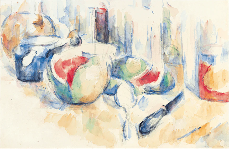 Paul Cézanne, Still Life with Cut Watermelon (Nature morte avec pastèque entamée), ca. 1900, watercolor and pencil on paper, 12 2/5 x 18 3/4 inches (Fondation Beyeler, Riehen/Basel, Switzerland)