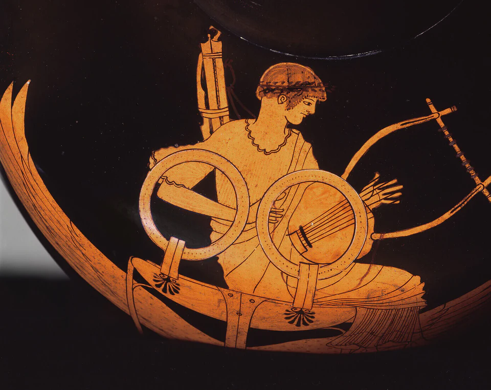 Attributed to the Berlin Painter, c. 500–490 BC, detail from Red-figure hydria showing Apollo seated on a winged tripod (Vatican Museums)