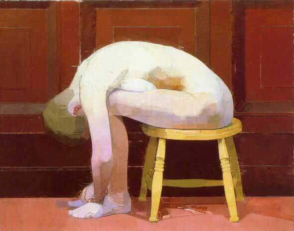 Euan Uglow, Curled nude on a stool, 1982-3, oil on canvas 30 x 39 inches