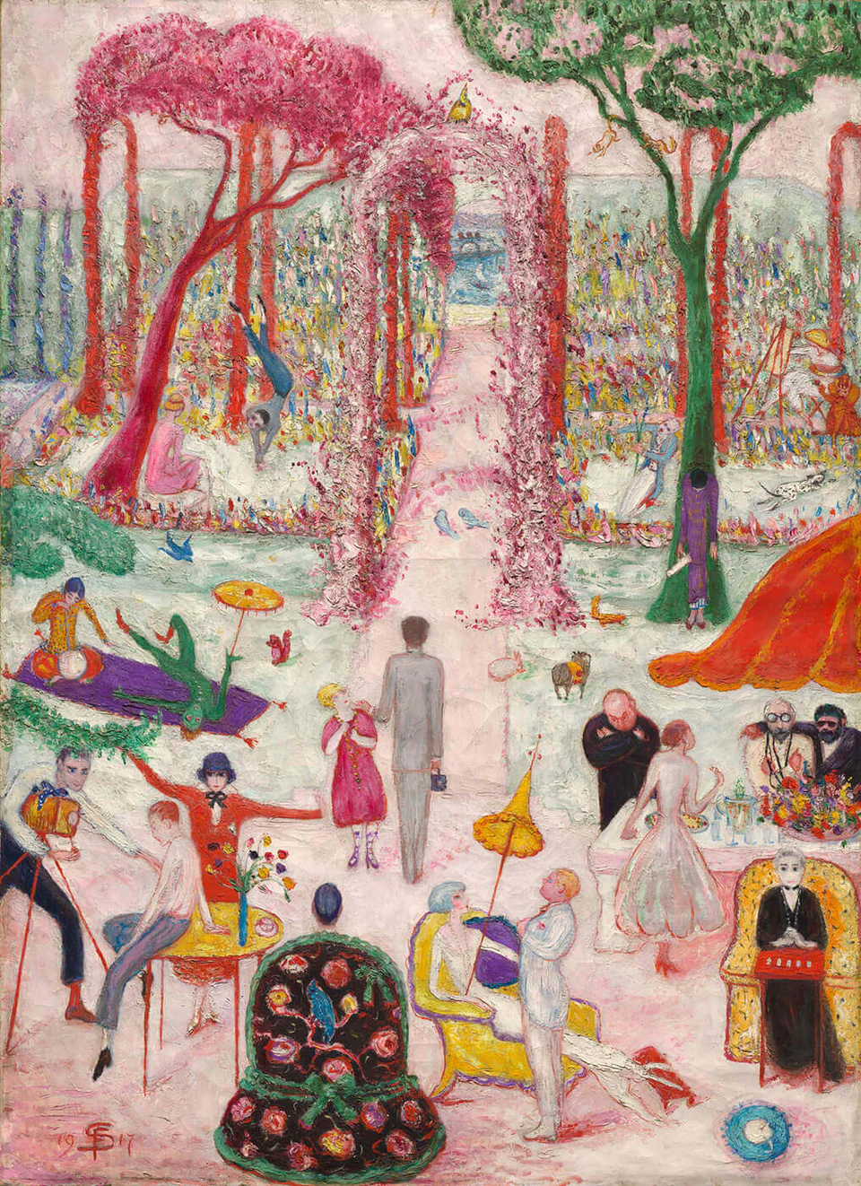 Florine Stettheimer, Sunday Afternoon in the Country, 1917, oil on canvas, 50 1/2 by 36 1/2 inches (Cleveland Museum of Art)